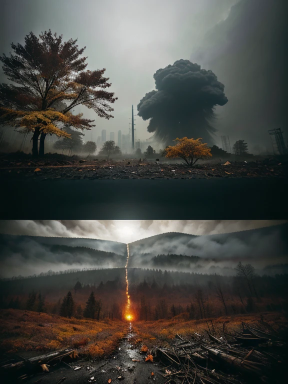 Photorealistic, Ultra-Detailed, Stark Warning Poster,
A Collage of Four Disturbing Scenes,
Deforestation, Air and Water Pollution, Climate Change, Loss of Biodiversity,
Solo, Each Scene Representing a Grim Reality,
Dark and Moody Tone, Symbolizing the Destruction of Nature,
Autumnal Hues, Evoking a Sense of Loss and Decay,
Old Growth Forest Being Cleared, Resplendent Trees Falling,
Toxic Waste and Smog Choking the Air, Smog-filled Skies,
Melting Ice Caps and Rising