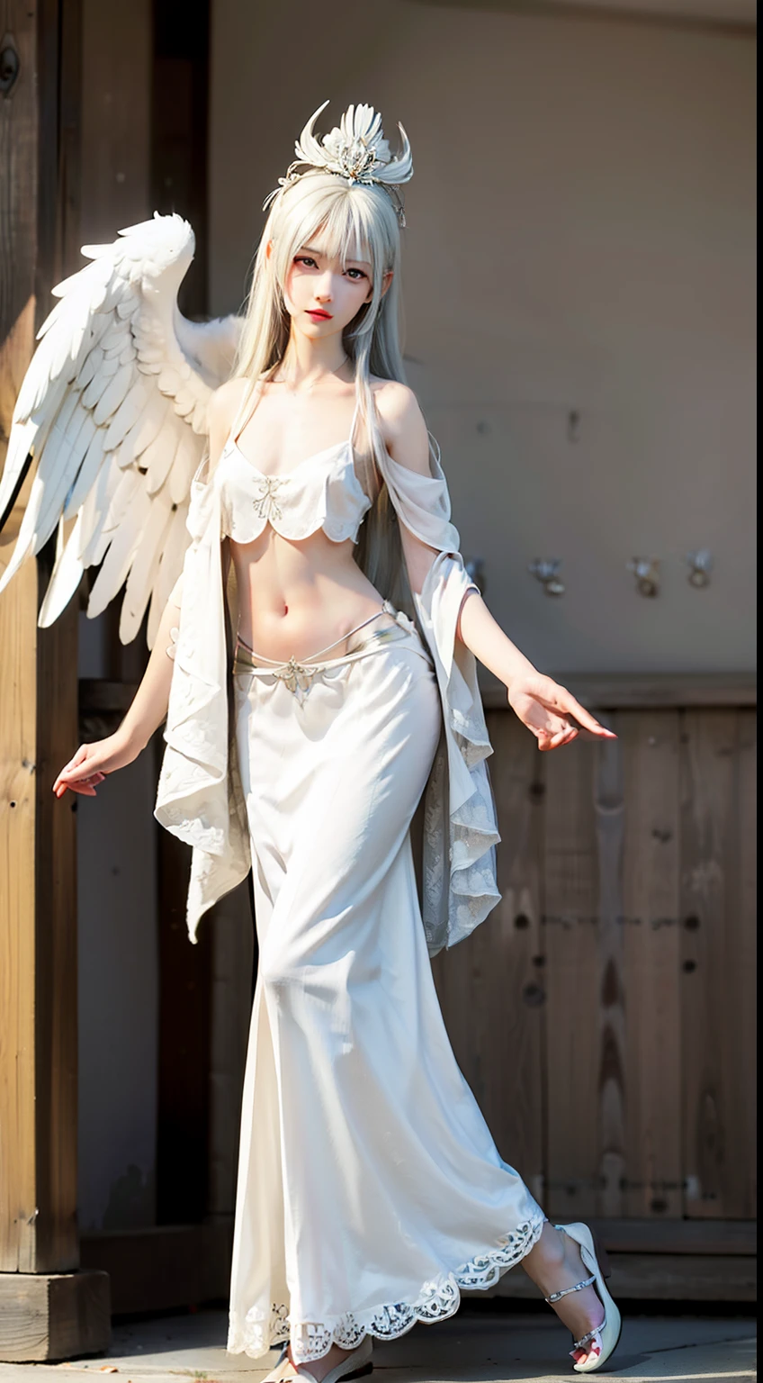 ((best quality)), ((masterpiece)), (detailed), perfect face, Character design, female, long white grey hair, wearing a white angelic dress, red grey eyes, small frame, very skinny, detailed, best quality, no accesoires around the neck, no shoes, prominent collarbones, skinny arms, flat stomach, visible hip bones, full body