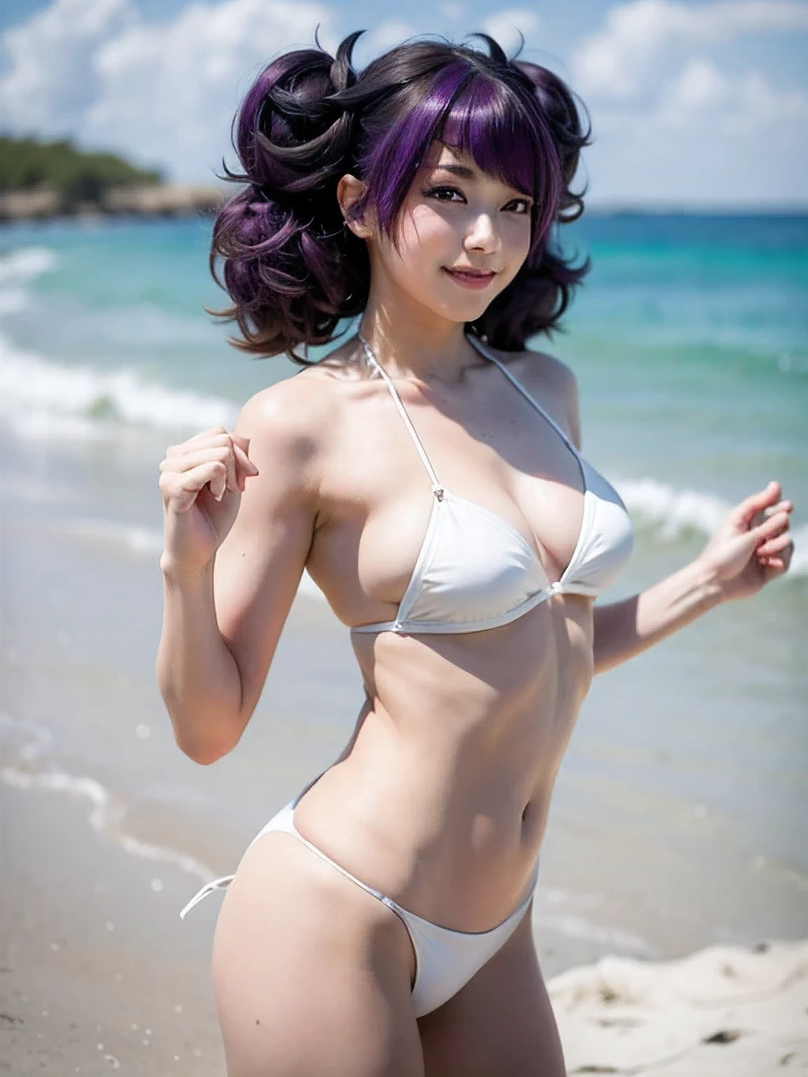(8k, RAW photo, best quality, masterpiece:1.2), (realistic, photo-realistic:1.4), (extremely detailed 8k wallpaper), sharp focus, depth of field, blur background, bokeh, cinematic lighting, soft light, upper body, mamimi tanaka, asymmetrical bangs, blunt bangs, diagonal bangs, (purple eyes:1.1), (purple hair:1,75), ((twintails)), cute actress arms up on the beach, (white plain micro bikini: 1.85), smile