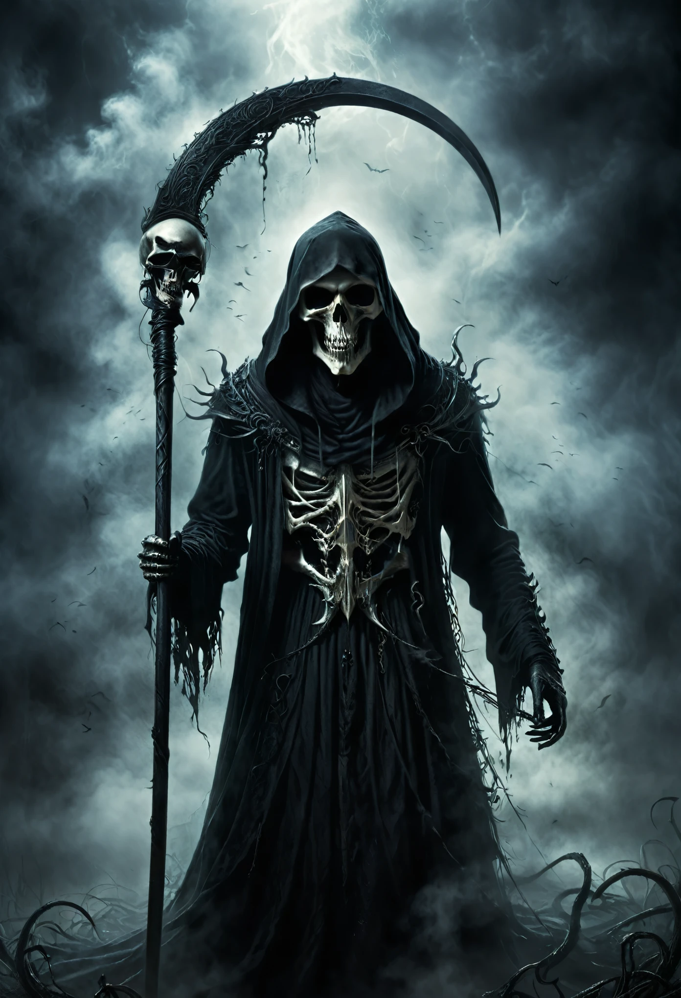 Black grim reaper, Holding scythe, soul sucking eyes, best quality, ultra-detailed, dark and mysterious, Gothic style, menacing presence, haunting atmosphere, ethereal lighting, grim and foreboding, eerie shadows, swirling mist, supernatural elements, skull motif, dramatic composition, macabre aesthetics,