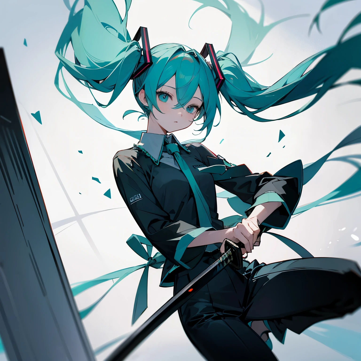 do the hatsune miku with a katana in hands next to jesus christ
