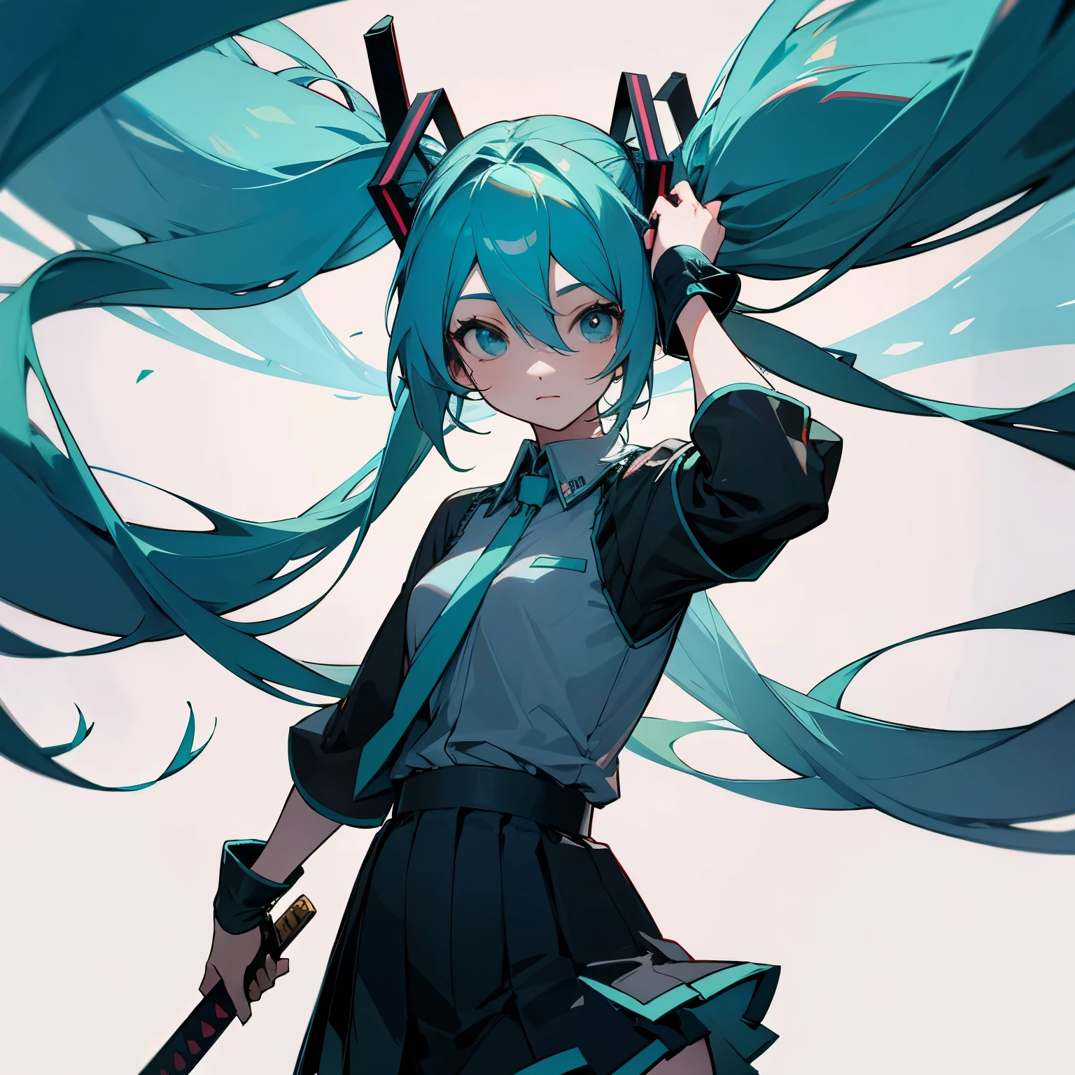 do the hatsune miku with a katana in hands next to jesus christ