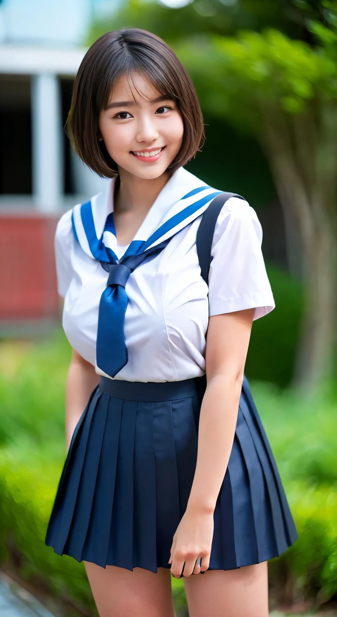 masterpiece, highest quality, Complete Anatomy、RAW Photos, Realistic、(Cute Face:1.7)、(Very cute smile:1.6)、(Round face:1.9)、(Baby Face:1.6)、(Very cute face like an idol:1.8), Black-haired、Written boundary depth, High resolution, Very detailed, Very detailed目と顔, Realistic student, Sharp focus, Cinema Lighting、(Clothing that emphasizes the bulge of the chest:1.2)、 (Large Breasts:1.8)、19-year-old female、One Woman、 (Very short hair:1.8)、 (Japanese 、school uniform:1.5)、Very detailed8k壁紙、(too short pleated skirt:1.7)、(Use both hands to pull up the hem of your skirt、Showing her white panties to the camera:1.6)、(whole body:1.5)、Are standing、Angle from below、(Thigh close-up:1.8)、Written boundary depth、Background Blur