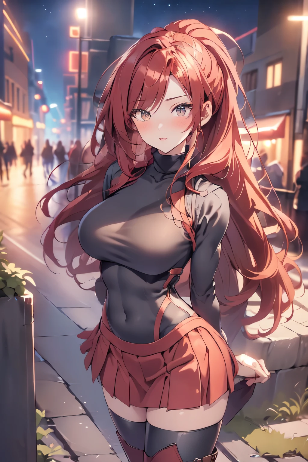 a woman redhaired, leggings, pleated skirt, sports top, high ponytail, high boots, long fur jacket, on a hazy moonlit night in a ghost town, monochrome style, line art, detailed face, detailed eye's, detailed lips, wide hips