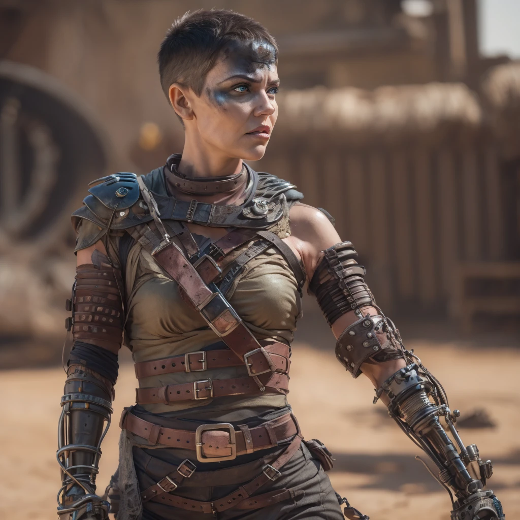 (Furiosa), Best_QualityPos, RAW photo, intricate details, best quality, 8k uhd, soft lighting, 1girl, solo, single pauldron, single mechanical arm, shirt, belt, pants, facepaint, very short hair, 35 years old female  , 8K