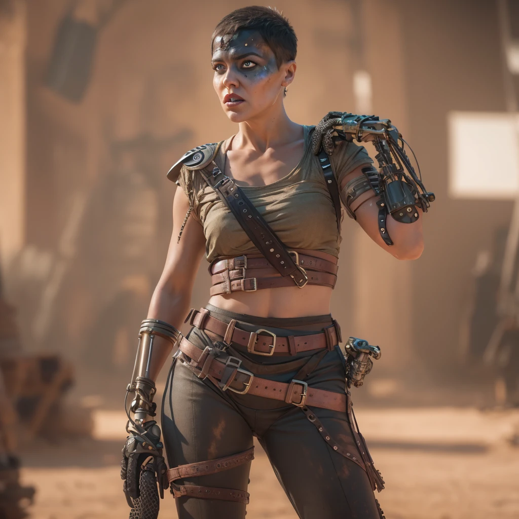 (Furiosa), Best_QualityPos, RAW photo, intricate details, best quality, 8k uhd, soft lighting, 1girl, solo, single pauldron, single mechanical arm, shirt, belt, pants, facepaint, very short hair, 35 years old female  , 8K