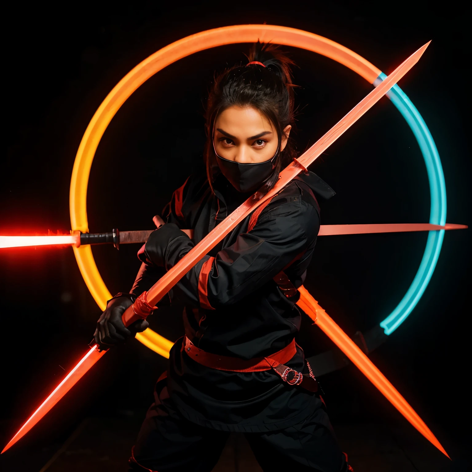 An animated ninja with a neon red sword facing in left side