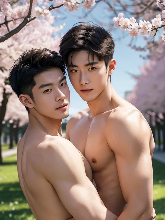 2 naked men、Cherry tree in full bloom、Flower Field、Two young men with their arms around each other with cherry blossoms in the background、Blond and black-haired young man、smile、Completely naked、 shirtless , realistic handsome Korean face , modest muscles , masterpiece、A high resolution、hyperrealism、detailed face、mens、glowing skin、(Asian)、(young、teenager)、Handsome、detailed background