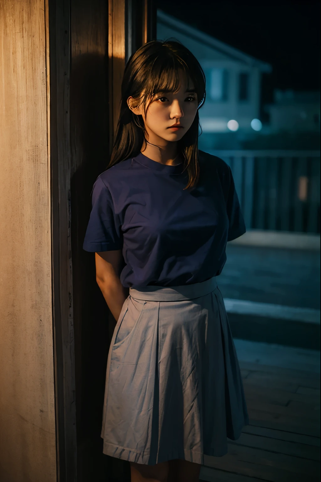 A cute girl is confined and tied up、A room with the lights on at night、Blue semi-long skirt、Red short sleeve shirt、Standing in front of a wall、Beauty、Age 25、Medium build、Outside the window is night、Like real life、highest quality、