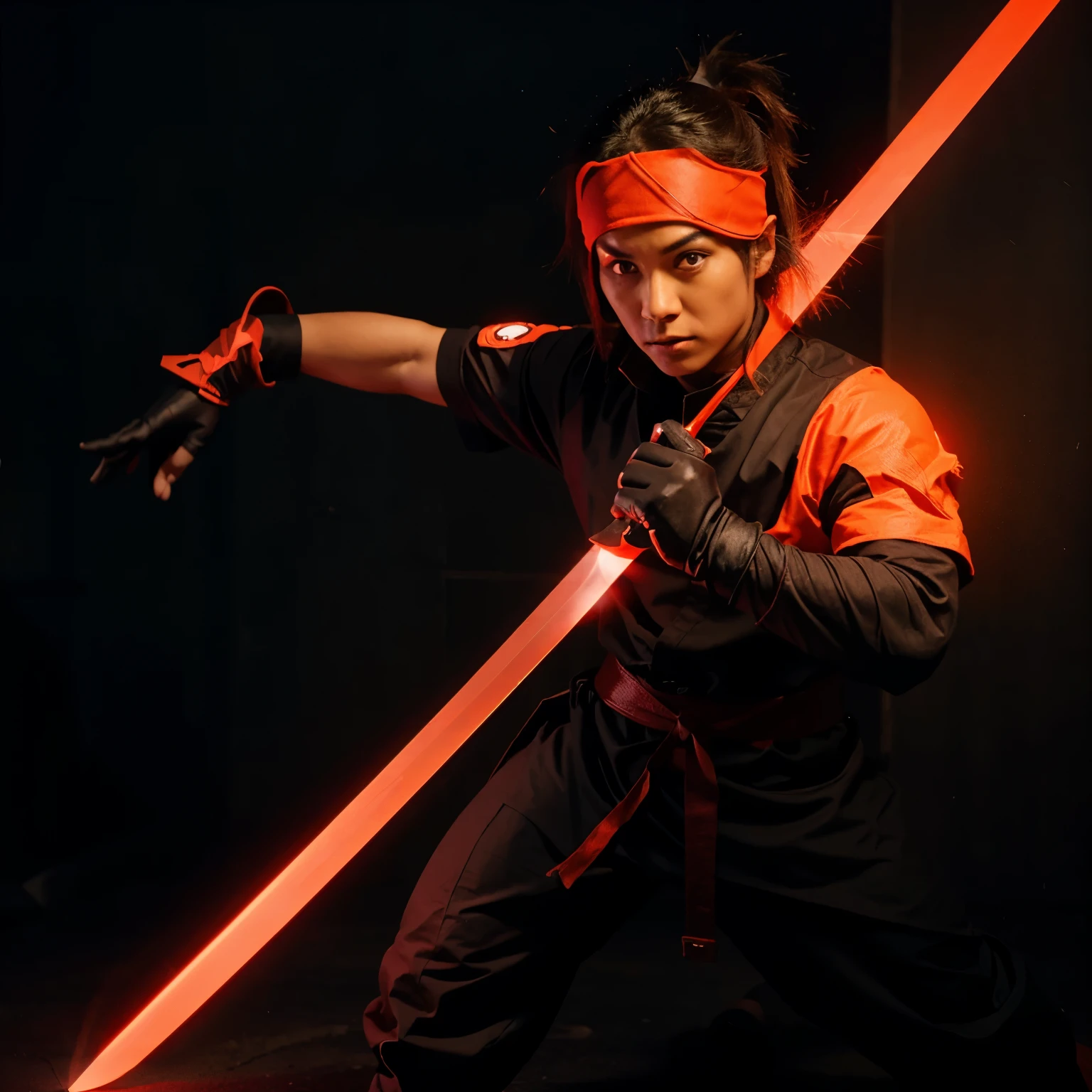 An animated ninja with a neon red sword facing in left side