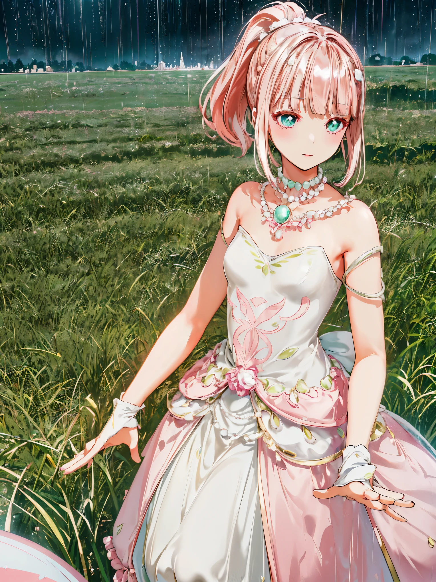 (((pearl pink hair,emerald pupils))),((beautiful and detailed)),(blushing), (geometric:1.1),(((on grassland,raining,farmland))), ((1girl,amazing,adorable girl,solo,))(Masterpiece,Best quality, offcial art, Beautiful and aesthetic:1.2),(4k,HD,HRS),((small breasts)),(Physically-based rendering),Sharp focus on face, (((high-detailed skin,The details are complex、Shallow depth of field、movie lighting、Reflectors、a Canon EOS R5、50mm lens、f / 2.8、shot at 8k resolution))),simple cloths，correct pupils,((((shiny hair|detailed hair|half bangs|short hair|single ponytail)))),(masterpiece sidelighting),(The sheen),(beautiful hair,beautiful background,bokeh:55mm)),((extremely_Detailed_Eyes_and_face)),Movie girl,(Dynamic posture: 1.2),Brilliant