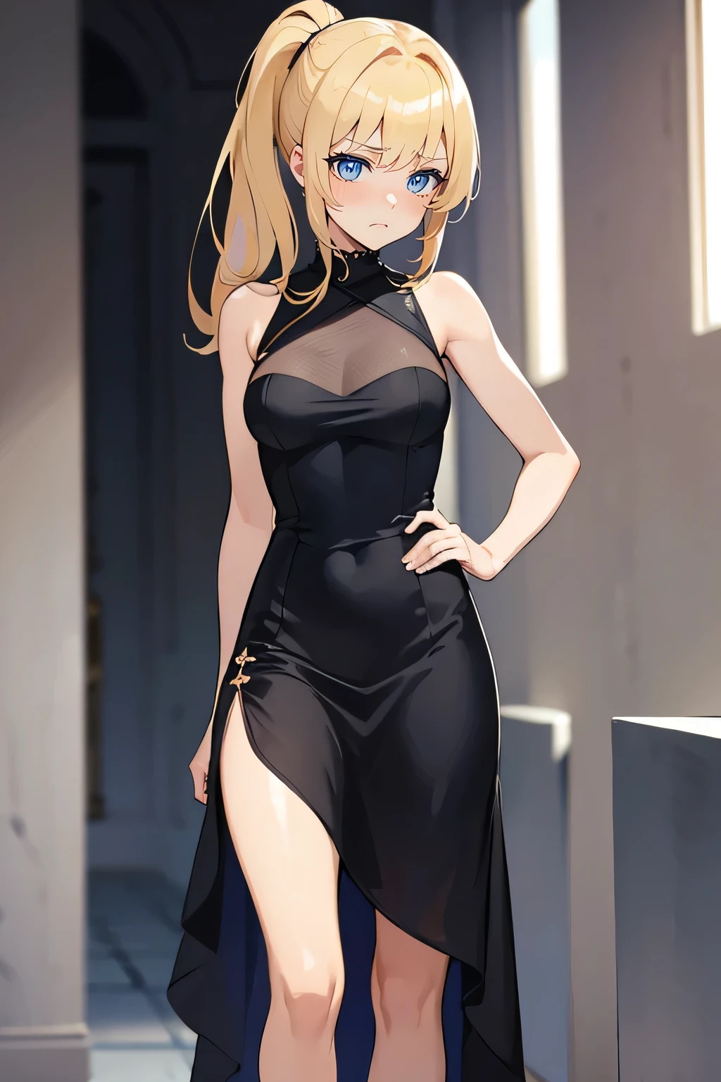 Safe for work, masterpiece, best quality, solo, 1 girl, facing forward, looking at camera, (young female body:1.4), ( medium breasts), slender legs, golden yellow hair, extra long hair, blunt bangs, crystal blue eyes, very detailed eyes, hallway background, ponytail, standing, leaning forward, erotic, black dress, long form fitting dress, tight black dress, silver details, flustered expression, arched back, arching her back, cocktail dress, extra short dress,very short dress, sleeveless dress, chest pressed against wall