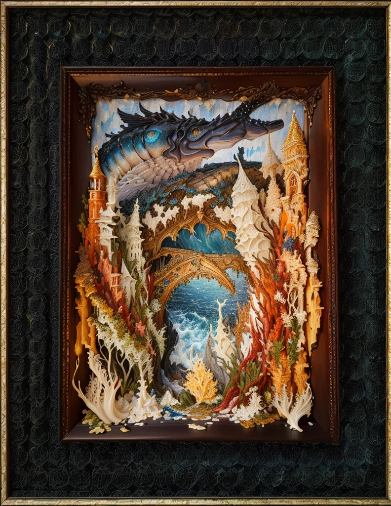 there is a photograph of a picture of a sea creature in a frame, detailed 3d gothic oil painting, oil paint impasto reliefs, highly detailed sculpted diorama, complex fantasy picture, oil paint impasto relief, Resin and clay art, complex detailed oil painting, unique and complex picture, detailed impasto, detailed painting"