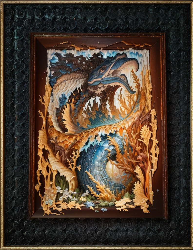there is a photograph of a picture of a sea creature in a frame, detailed 3d gothic oil painting, oil paint impasto reliefs, highly detailed sculpted diorama, complex fantasy picture, oil paint impasto relief, Resin and clay art, complex detailed oil painting, unique and complex picture, detailed impasto, detailed painting"