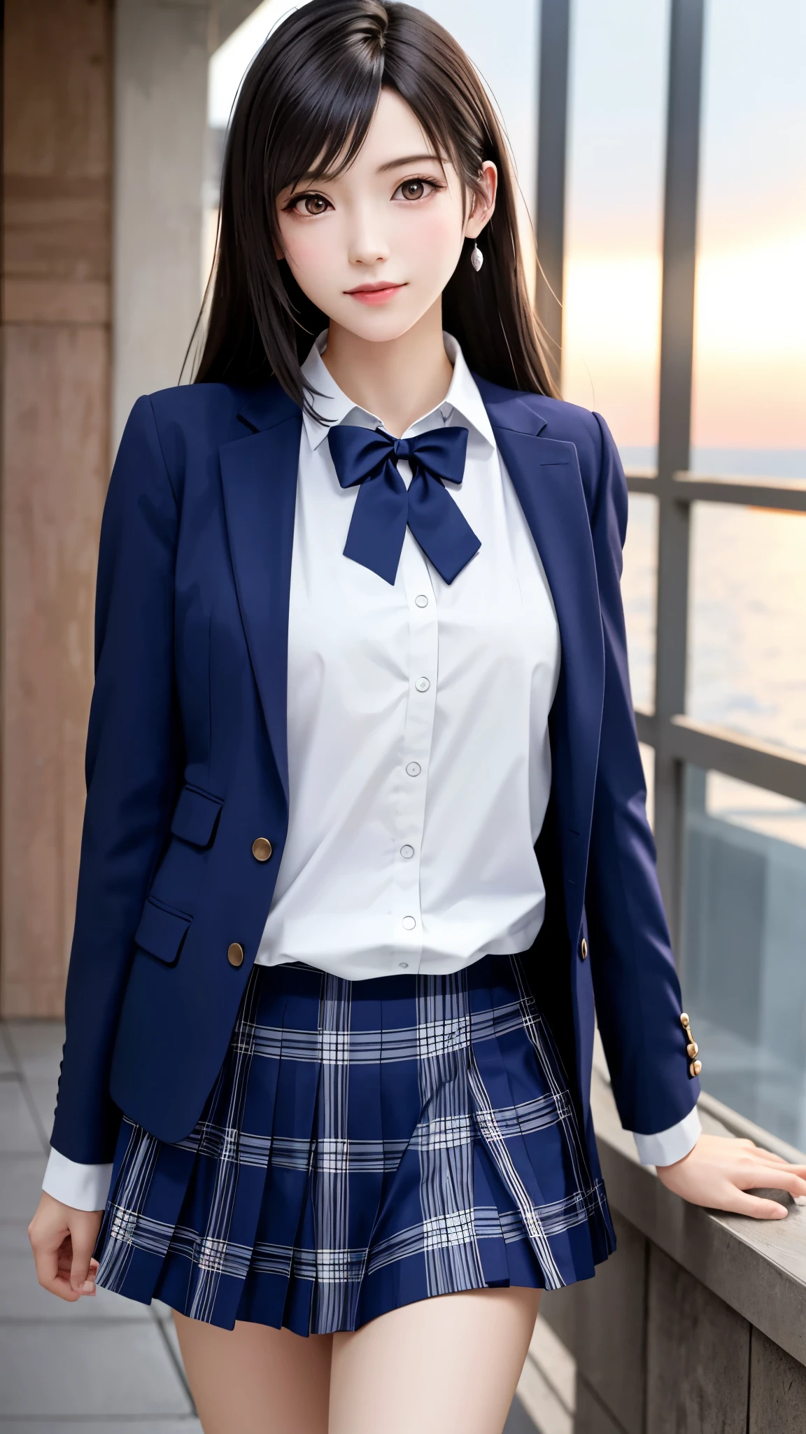 {top quality, 4k, masterpiece},{{{Realistic}}},wallpapers, BREAK {{{FF7,Tifa_lockhart,solo}}},{{{Japanese JK uniform, Navy Blue blazer, collared school shirt, long-sleeved, Navy Blue Plaid Pleated mini-Skirt, loafers}}}, {{background seaside, sunset}},Cinematic lighting, city light at night,{{gravure pose, Nogizaka idol}},Ultra-detailed face, Detailed eyes, Red eyes, BREAK (((FF7,Tifa_lockhart))),{black brown hair, medium breasts}, BREAK , About 18 years old, kawaii,{{{face focus}}}, looking away, Beautiful legs, cowboy shot, random view, erotic pose:1.1