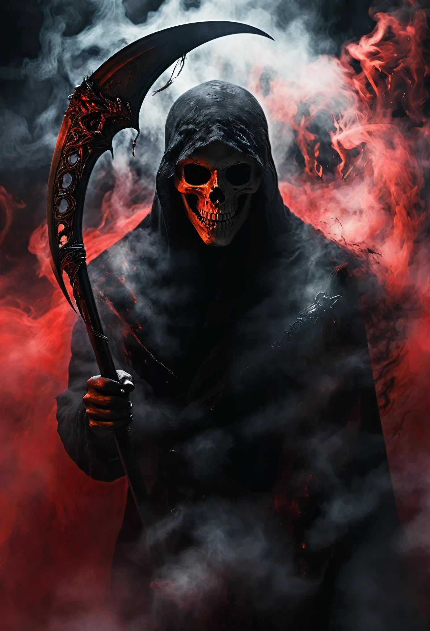 Black grim reaper, Engulfed BY black and red, (Holding scythe),detailed weapon, best quality, ultra-detailed, dark and mysterious, Gothic style, menacing presence, haunting atmosphere, ethereal lighting, grim and foreboding, eerie shadows, swirling mist, supernatural elements, skull motif, dramatic composition, macabre aesthetics, 