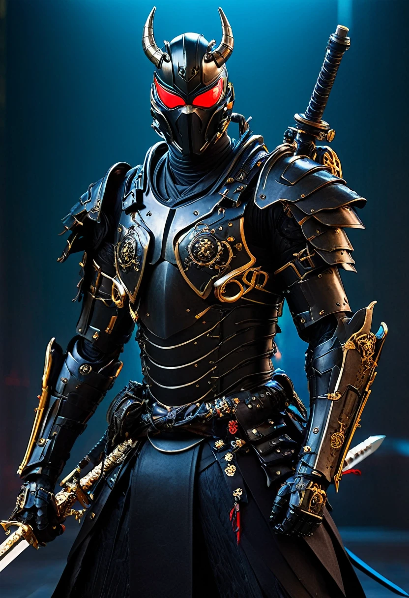 araffe dressed in a black suit holding a sword and a sword, cyborg samurai, cyber japan samurai armor, cyberpunk samurai, very beautiful cyberpunk samurai, full samurai armor spiderman, bio - mechanical ninja samurai, portrait of a cyberpunk samurai, cyber japan style armor, cyber japan armor, celtic and cyberpunk armor, black bull samurai, intricate assasin mecha armor