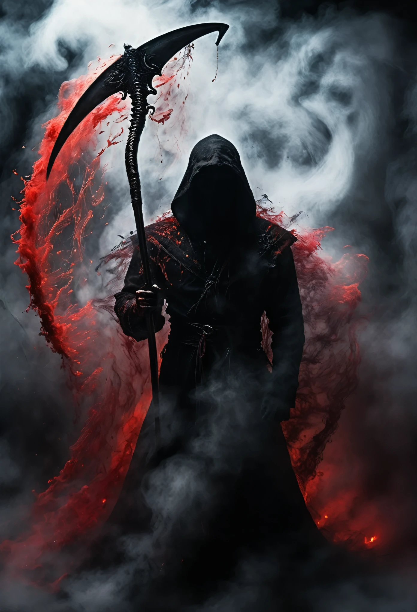 Black grim reaper, Engulfed BY black and red, (Holding scythe),detailed weapon, best quality, ultra-detailed, dark and mysterious, Gothic style, menacing presence, haunting atmosphere, ethereal lighting, grim and foreboding, eerie shadows, swirling mist, supernatural elements, skull motif, dramatic composition, macabre aesthetics, 