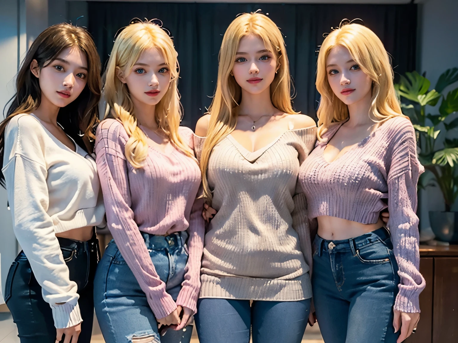 4girl, (Blue Eyes), (smiling :1.2), (Sana Minatozaki), wide hips, Big tits, big ass, (shiny body :1.2), (Best Quality, 8k, Masterpiece: 1.3), Clear Focus: 1.2, Perfect Body Beauty: 1.4, (strong abs :1.3), Highly detailed face and skin texture, detailed eyes, double eyelids, (blond long straight hair :1.1), (blonde long hair :1.3), (Pink v-neck sweater :1.2), (jeans), (group of four girls :1.3), (group of girls posing :1.3), (hugged :1.2), in a living room
