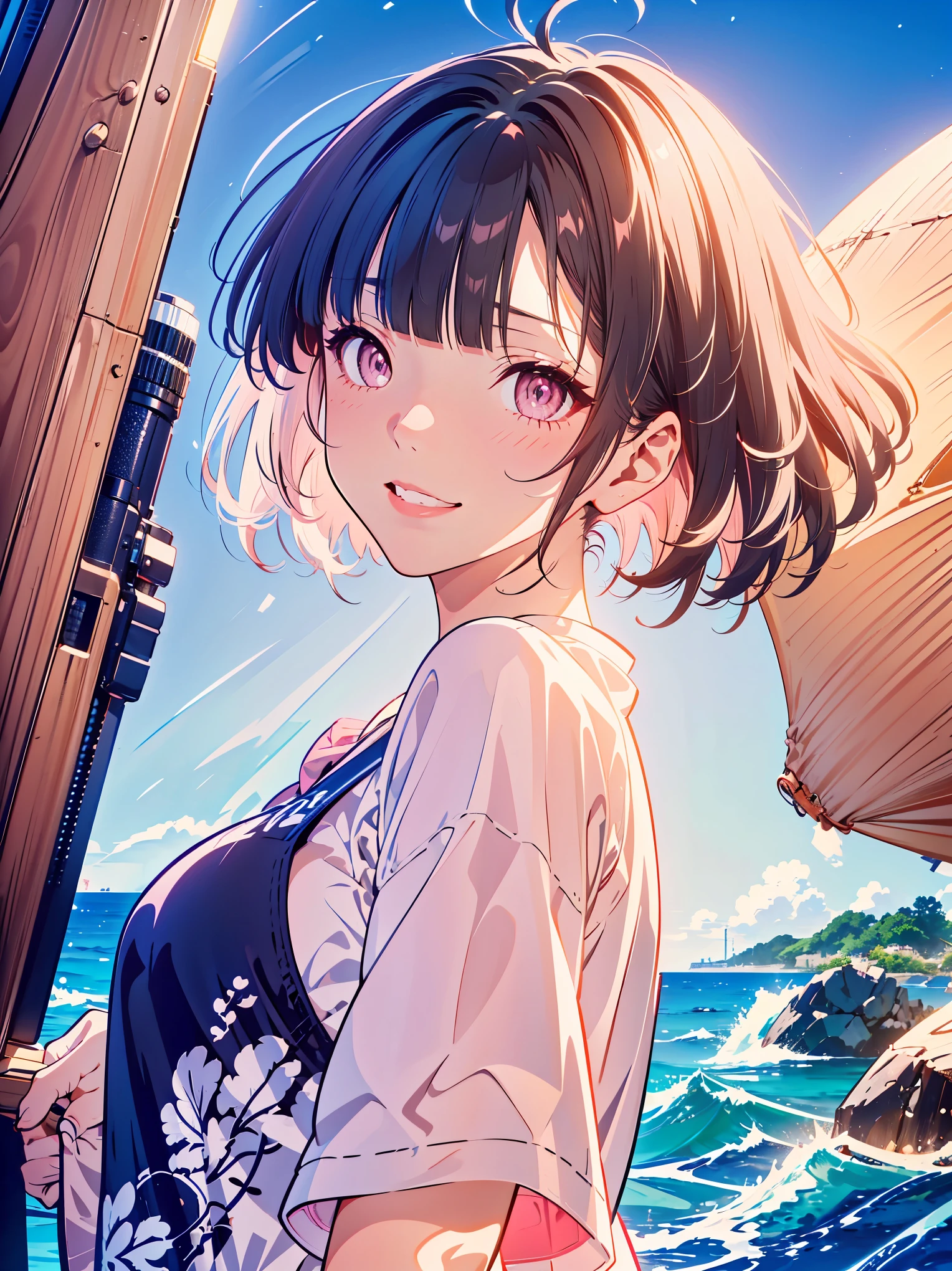 {{{{masterpiece}}}}, {{{Super detailed}}}, {{{high resolution}}}, {{good anatomy}}, (((best quality))), ((ocean theme,blue theme,anime style,anime girl)),(((pink eyes,black hair))),(big perfect eyes),(from side),(((t-shirt:dark blue))), hairclip, {8k cg wallpaper}, {{illustration,zoom in,focus on face,close-up shot}},((floating hair|blunt bangs|short hair|natural curly perm)),smile,(1girl:1), solo,alone,(Color difference:1.2),pleased smile,blushing,neat face,(medium breasts),((The details are complex、Shallow depth of field、movie lighting、Reflectors、a Canon EOS R5、50mm lens、f / 2.8、shot at 8k resolution))