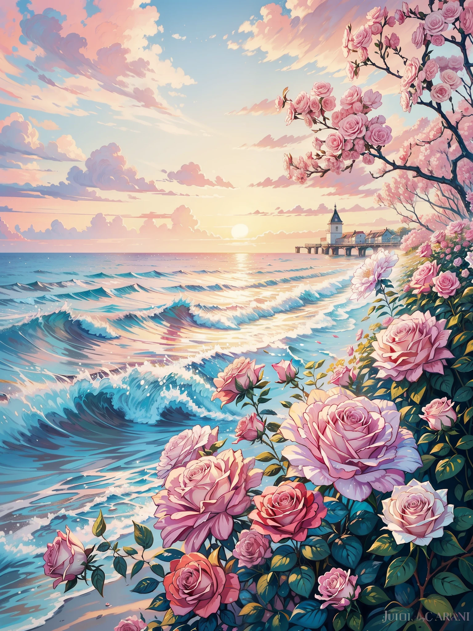 a painting of pink roses by the ocean, floral sunset, rose background, floral splash painting, pastel roses, roses background, by Jane Carpanini, by Jeka Kemp, inspired by Blanche Hoschedé Monet, by Juliette Wytsman, by Susy Pilgrim Waters, by Louisa Puller, gorgeous painting, a beautiful painting, by Joanna Carrington