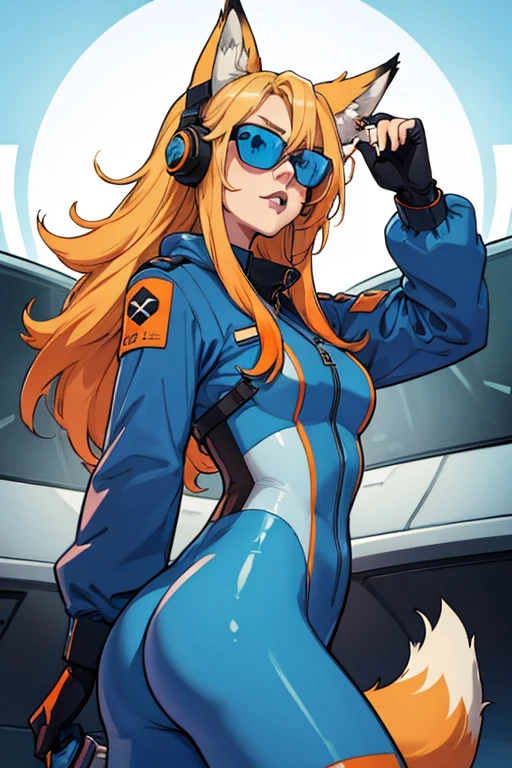 Girl with long blonde hair, black lips, blonde fox ears and tail, wearing a tight light blue and orange pilot suit, headphones, sunglasses