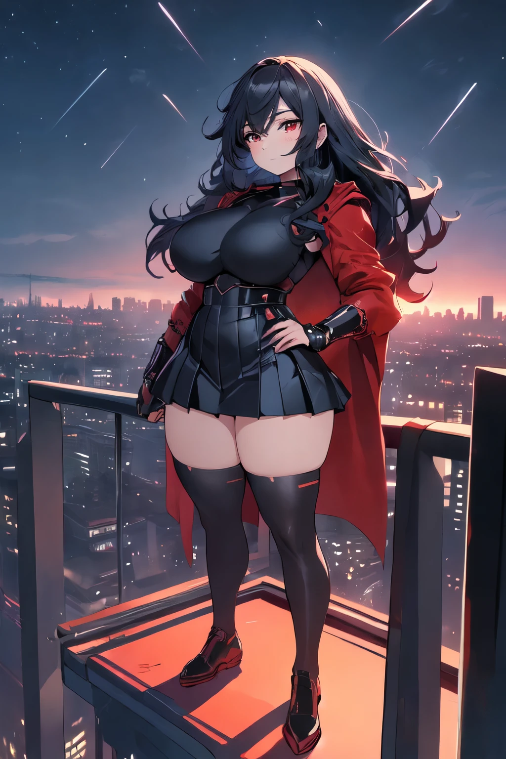 anime, (artwork, best quality, ultra-detailed, high contrast), beautiful, Alone, 1 woman, full body, plus size body, Long hair, black hair, blue highlights at the ends of the hair,red eyes, perfect eyes, ruby sparkles, black leather bodysuit, pleassed skirt, red cloak, (transparent black socks), futuristic, cyberpunk, cinematic angle, Cinematic lighting, Work of art, best quality, nsfw, crotch rubbing standing on the edge of the skyscraper, (skyscraper roof, overlooking a city, detailed background ((night time, Darkness, low light pollution))