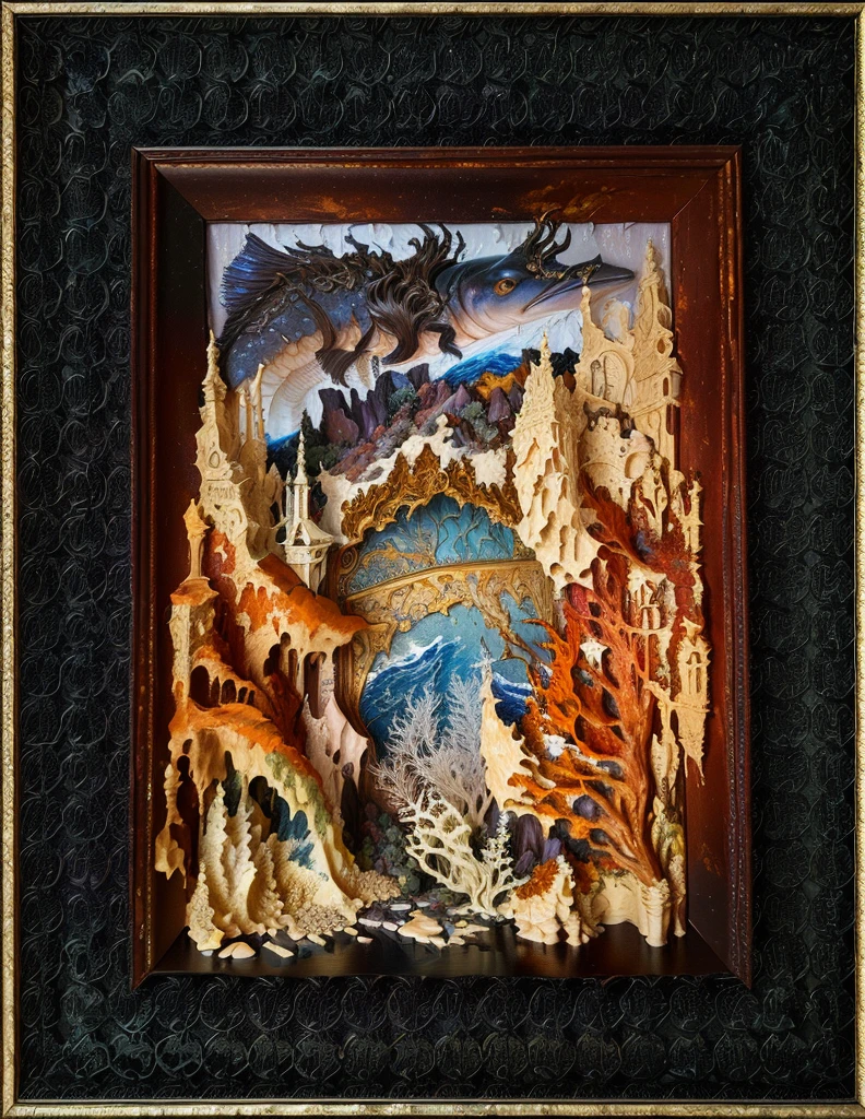 there is a photograph of a picture of a sea creature in a frame, detailed 3d gothic oil painting, oil paint impasto reliefs, highly detailed sculpted diorama, complex fantasy picture, oil paint impasto relief, Resin and clay art, complex detailed oil painting, unique and complex picture, detailed impasto, detailed painting&quot;