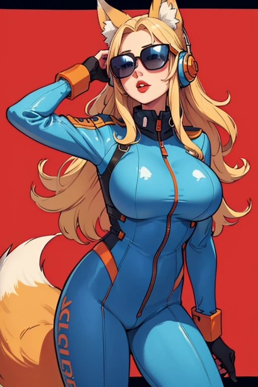 Girl with long blonde hair, red lips, blonde fox ears and tail, big breasts, wearing a tight light blue and orange pilot suit, headphones, sunglasses