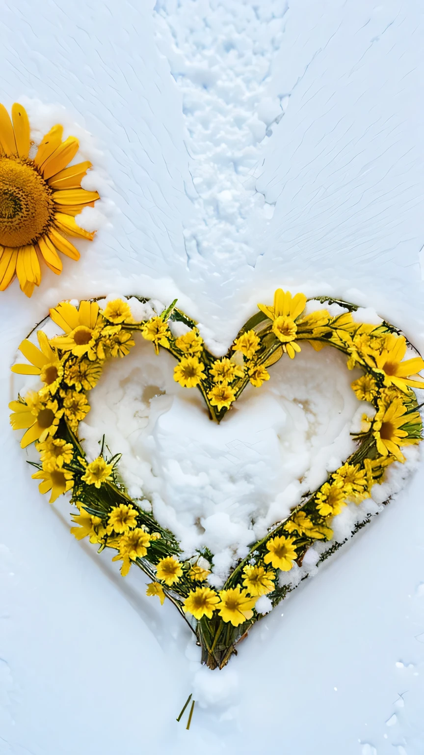 A heart drawn with yellow flowers with snow on top