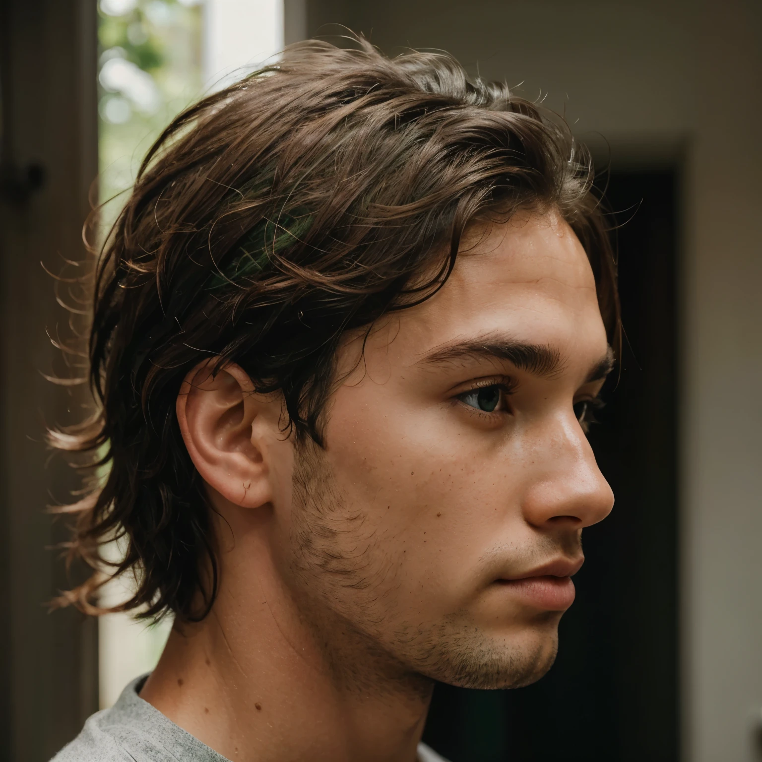 Man in profile with light black skin, wavy light brown hair, striking green eyes and freckles on his cheeks