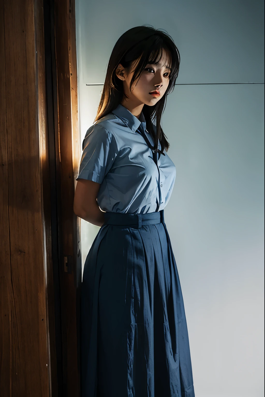 A cute girl is confined and tied up、A room with the lights on at night、Blue semi-long skirt、Red short sleeve shirt、Standing in front of a wall、Beauty、Age 25、Medium build、Outside the window is night、Like real life、highest quality、