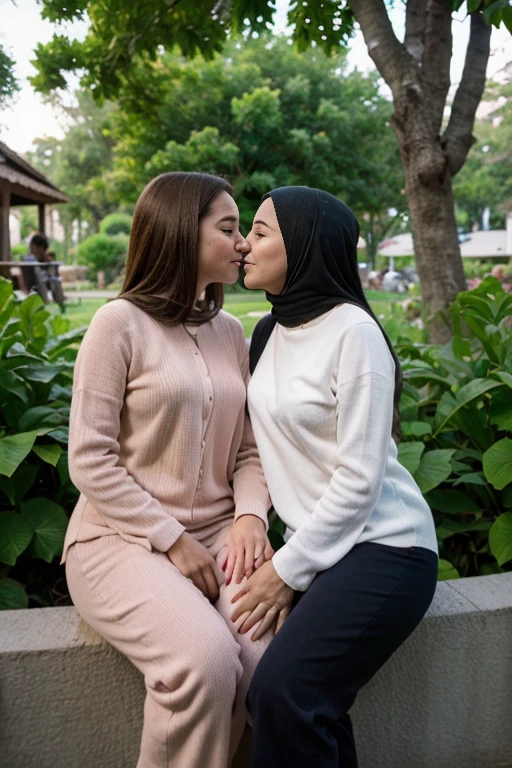 there is a mature woman and a girl sitting next to each other, couple, happy couple, lovely couple, kissing,,with her long, in garden, wpol and sarasti, scandy and arender, with wart, potrait, vacation photo, couple pose, during sunset, picture, scenary, full protrait, profile photo, coban, with ivy, at instagram,,