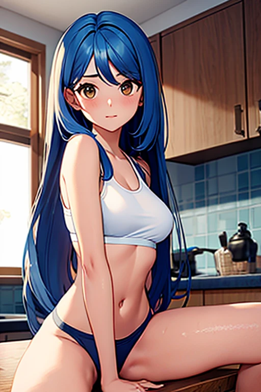 Female; long blue hair; brown eyes; white sports bra; nude; kitchen counter; wet pussy; sexual position
