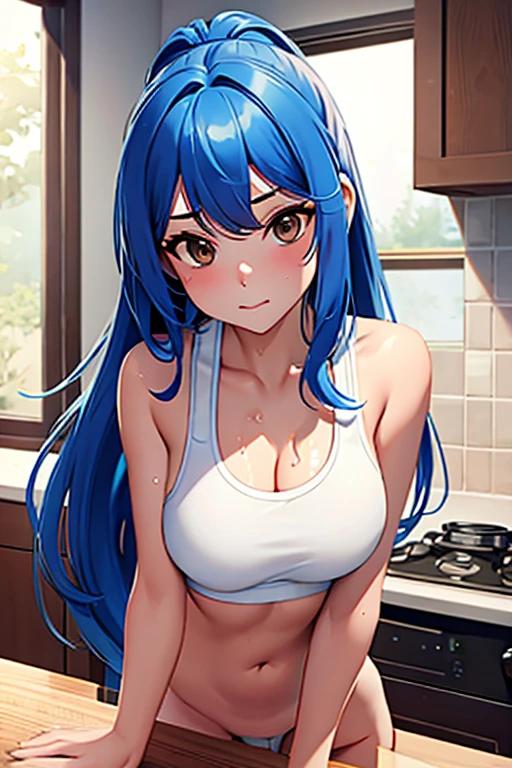 Female; long blue hair; brown eyes; white sports bra; nude; kitchen counter; wet pussy; sexual position