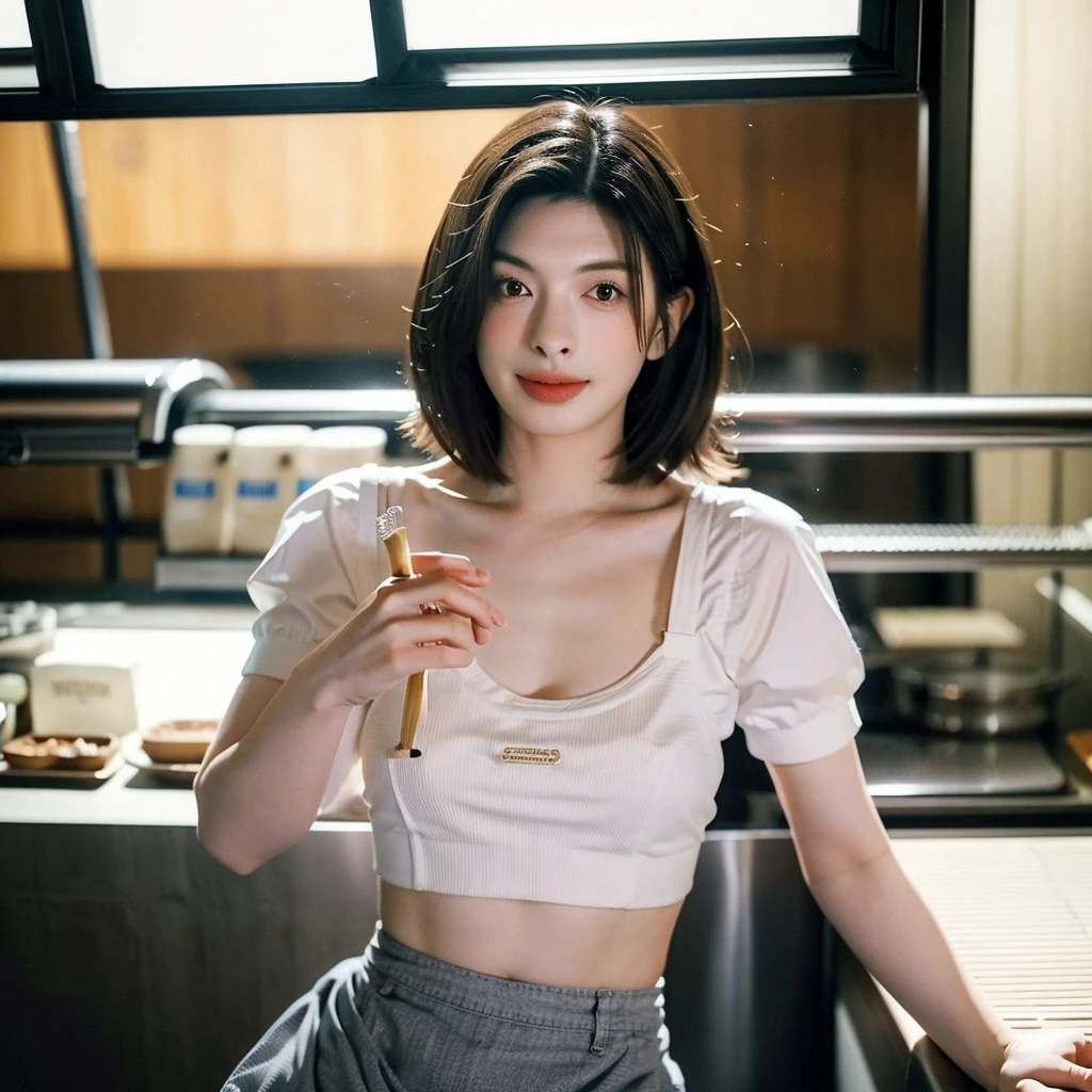 Masterpiece, 8ก, (TRUE, photo TRUE), best quality, high resolution, perfect details, ((upper body)), Beautiful face, 1 girl, alone, short hair, smooth, (curling hair), smile, look at viewer, TRUEistic, ผู้หญิงลูกครึ่งญี่ปุ่น หน้าคล้าย Anne Hathaway ยืนอยู่หน้าเครื่องMake coffeeในร้านกาแฟ, Make coffee, White waist apron and bra, at the counter, White shirt and gray skirt, (cowboy shoot:1.2),