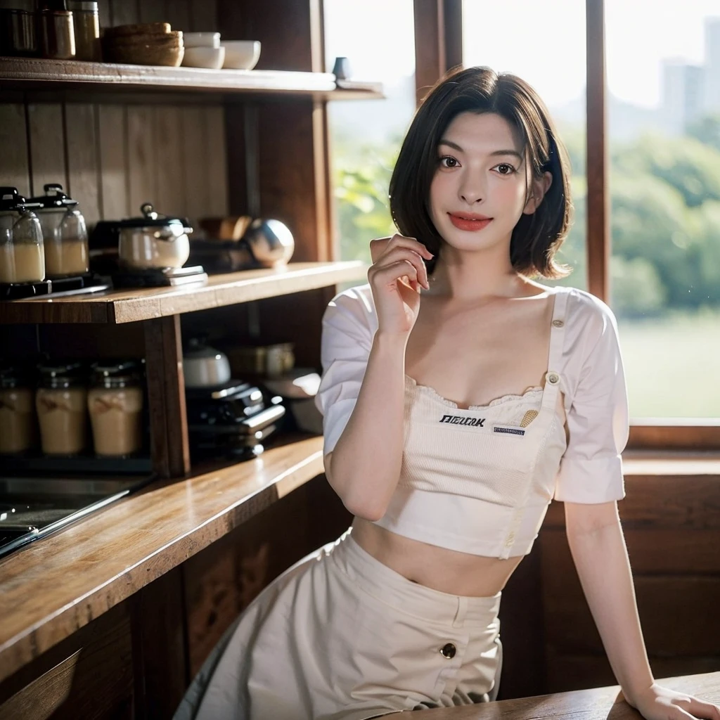 Masterpiece, 8ก, (TRUE, photo TRUE), best quality, high resolution, perfect details, ((upper body)), Beautiful face, 1 girl, alone, short hair, smooth, (curling hair), smile, look at viewer, TRUEistic, ผู้หญิงลูกครึ่งญี่ปุ่น หน้าคล้าย Anne Hathaway ยืนอยู่หน้าเครื่องMake coffeeในร้านกาแฟ, Make coffee, White waist apron and bra, at the counter, White shirt and gray skirt, (cowboy shoot:1.2),