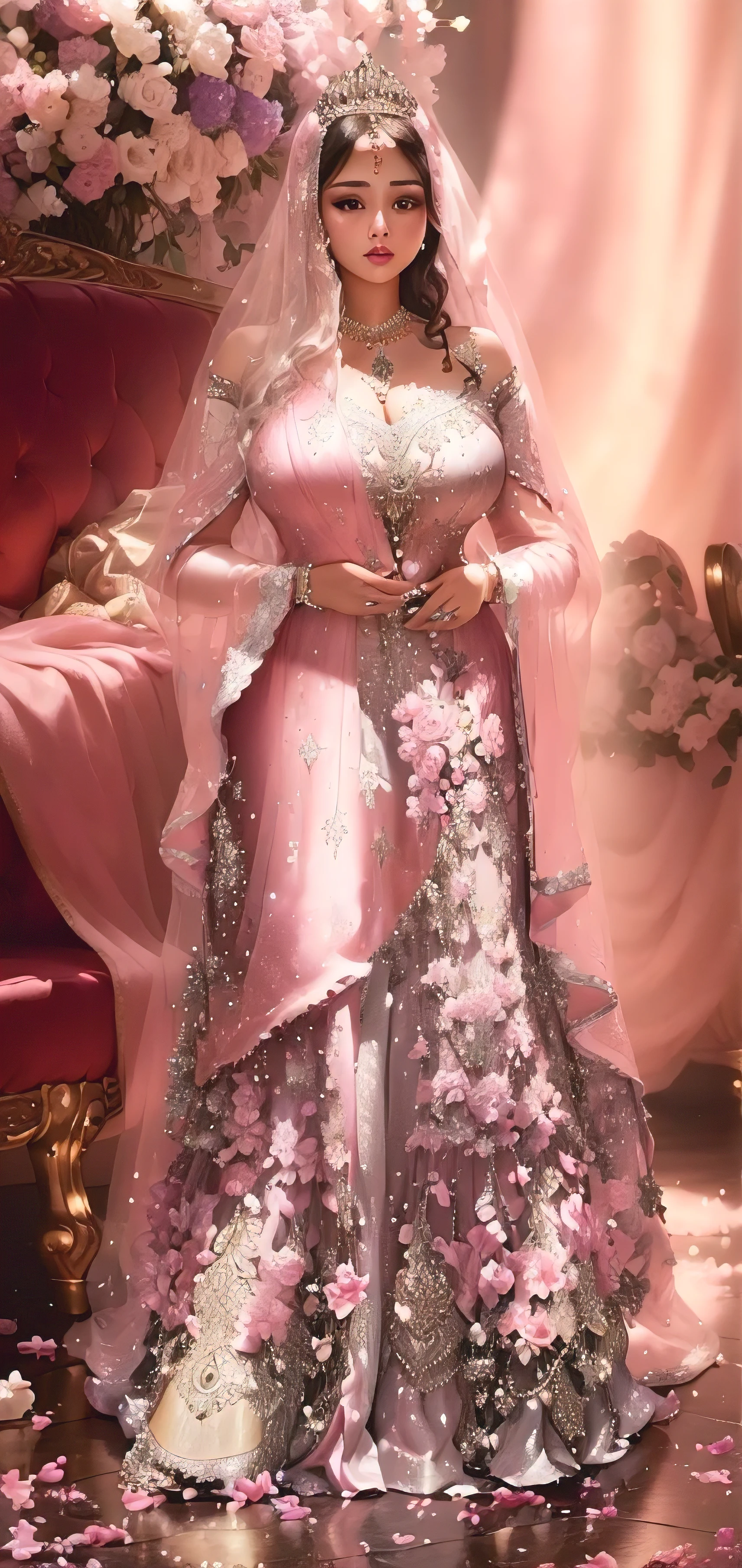 a woman in a pink and silver dress standing in front of a floral arrangement, detailed masterpiece, chubby body, bulging breasts without any coverage, high quality, good looking navel, transparent clothes, thick shiny cheeks, adorned with precious stones, robe. extremely high details, intricate gown, full body picture, gown, bejewelled and encrusted royalty, very detailed picture, intricate outfit, dreamy and detailed, Hd, 2K, Masterpies, marriage background 