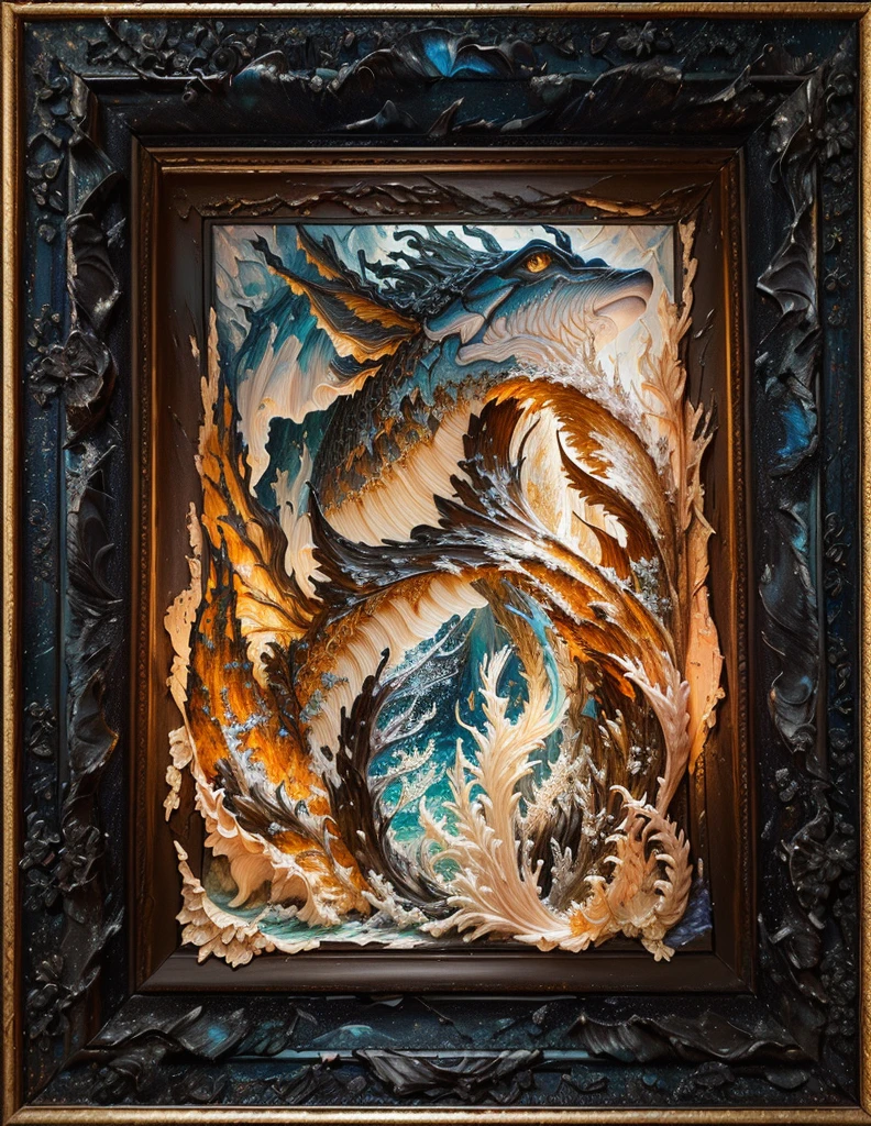 there is a photograph of a picture of a sea creature in a frame, detailed 3d gothic oil painting, oil paint impasto reliefs, highly detailed sculpted diorama, complex fantasy picture, oil paint impasto relief, Resin and clay art, complex detailed oil painting, unique and complex picture, detailed impasto, detailed painting"