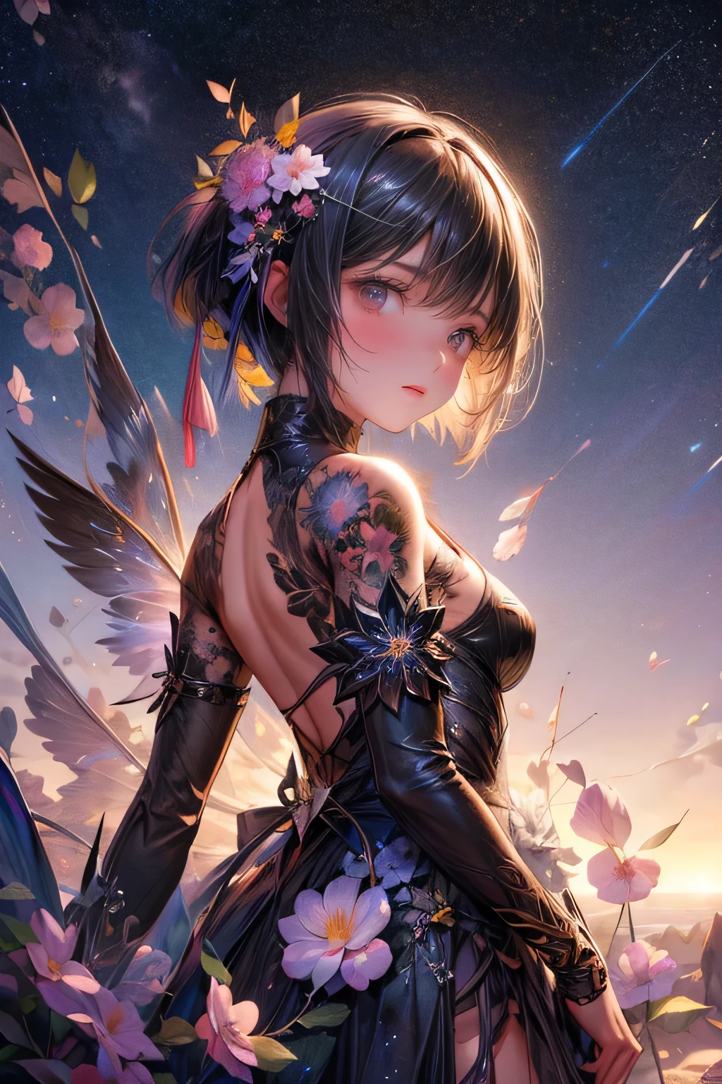 multiple exposure, raw photo:1.2, masterpiece, highest quality, 16k, unbelievably absurd, very detailed, perfect beauty, (starry sky), (milkyway), (sunset sand beach), (fairy), (girl's standing silhouette:1.2), (flowers tattoos), beautiful cute girl, jet black bob cut, drooping eyes, dynamic posing, particles of light, professional lighting, vibrant colors, dutch angle