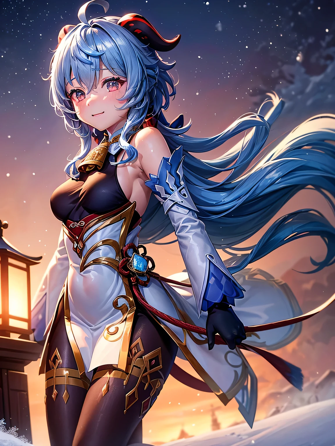 [ganyudef]:1.5,((masterpiece,highest quality,Detailed images,Beautiful images))1.4(ganyu images、smile、Snow Town、night、Snowflakes drifting all around、The wind is blowing、Bright lighting overall、Backlight、A fantastic atmosphere、Thick Fog)1.1(Beautiful body lines、small beauty breasts、Beautiful side breasts)
