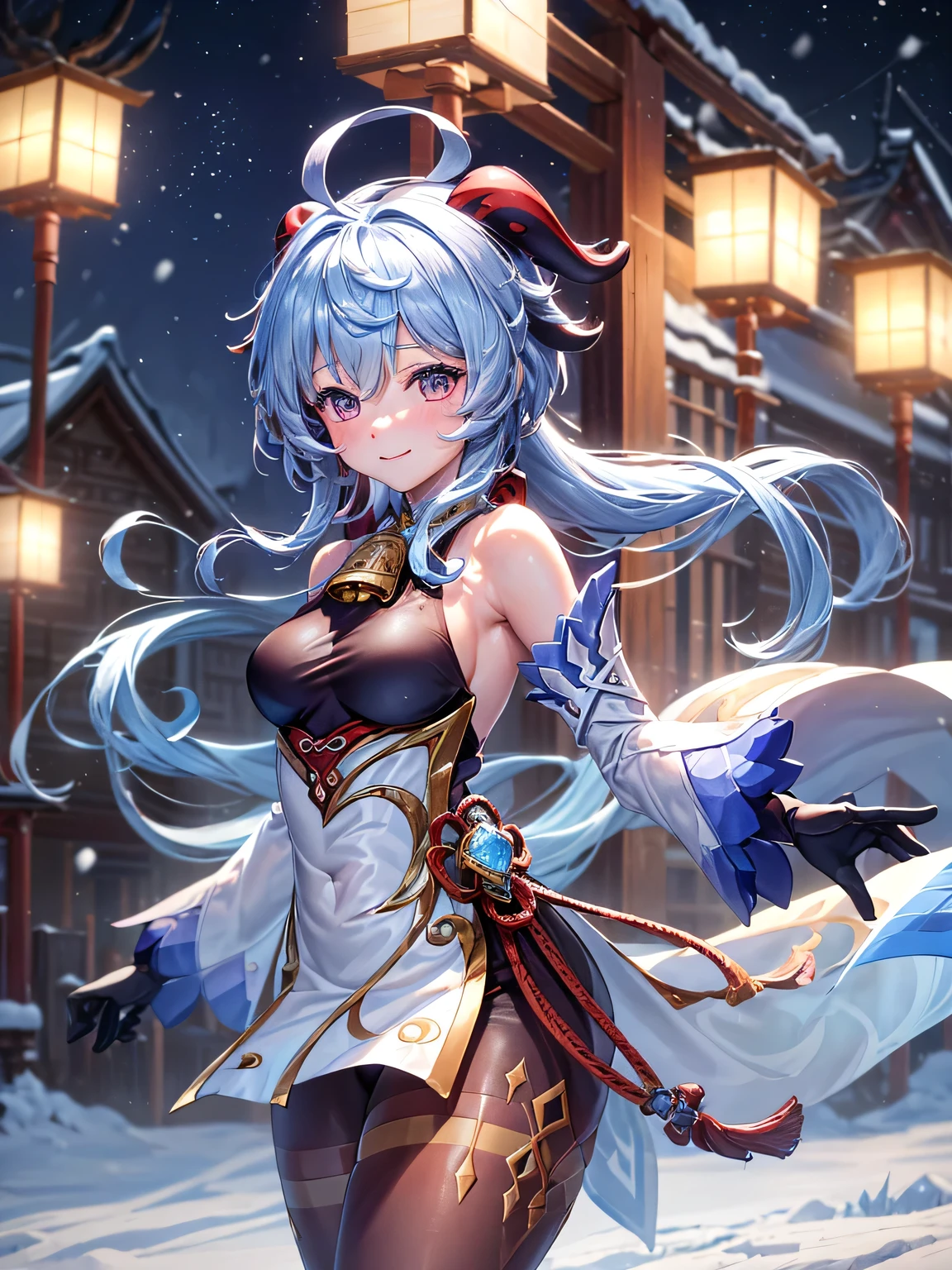 [ganyudef]:1.5,((masterpiece,highest quality,Detailed images,Beautiful images))1.4(ganyu images、smile、Snow Town、night、Snowflakes drifting all around、The wind is blowing、Bright lighting overall、Backlight、A fantastic atmosphere、Thick Fog)1.1(Beautiful body lines、small beauty breasts、Beautiful side breasts)
