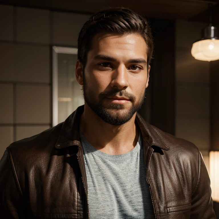 Generate a realistic digital portrait of a confident, well-built man in his early thirties wearing a stylish leather jacket. He has a clear, smooth complexion with subtle lighting on his face, highlighting his neatly trimmed black beard. The man's facial features include a square jawline and deep brown eyes radiating warmth and charisma."