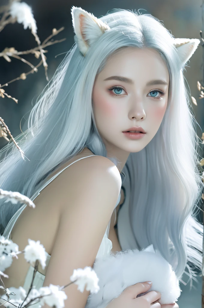 ( masterpiece, top quality, best quality,8k,17 years old girl,ultra detailed,raw photo:1.5),(photorealistic:1.4),(cinematic lighting), PerfectNwsjMajic, , Surrealism, UHD, ccurate, Super detail, textured skin, High detail, Best quality, dynamic angle, (high nose,White skin),[Beautiful blue eyes],[flat chest:large breasts:0.5],(1girl),(good anatomy:0.5)), Nine snow-white fox tails (1.0), Milky white fox tail (1.0), Close-up of nine-tailed fox, Nine tails, Nine tails，There are flowers on the hair, Very beautiful fox girl, Beautiful anime fox girl, Beautiful fantasy, guweiz, girl with fox ears, Very beautiful and charming fox girl, flower rain, The background  blurred, Artistic interpretation,a whimsical illustration, Subtle colors and tones, mystical aura,white hair, vixen , hairstyle