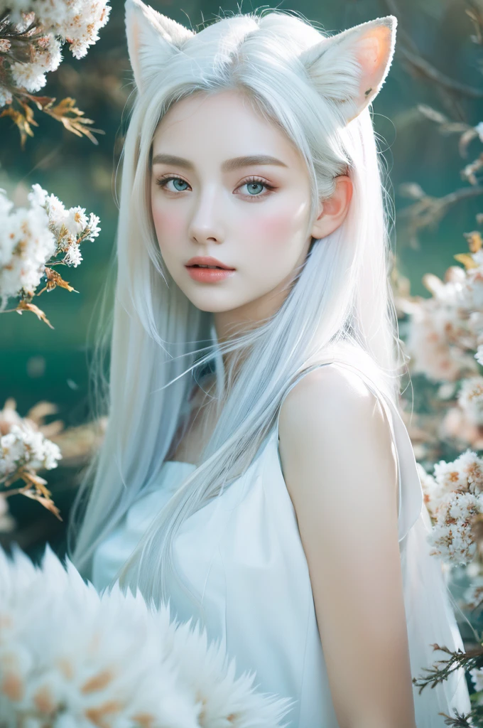 ( masterpiece, top quality, best quality,8k,17 years old girl,ultra detailed,raw photo:1.5),(photorealistic:1.4),(cinematic lighting), PerfectNwsjMajic, , Surrealism, UHD, ccurate, Super detail, textured skin, High detail, Best quality, dynamic angle, (high nose,White skin),[Beautiful blue eyes],[flat chest:large breasts:0.5],(1girl),(good anatomy:0.5)), Nine snow-white fox tails (1.0), Milky white fox tail (1.0), Close-up of nine-tailed fox, Nine tails, Nine tails，There are flowers on the hair, Very beautiful fox girl, Beautiful anime fox girl, Beautiful fantasy, guweiz, girl with fox ears, Very beautiful and charming fox girl, flower rain, The background  blurred, Artistic interpretation,a whimsical illustration, Subtle colors and tones, mystical aura,white hair, vixen , hairstyle