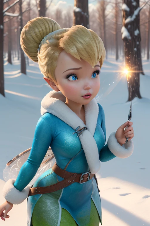 masterpiece, 8k, Perfect lighting, , Adult, woman, View Viewer, Cinema Lighting, Cowboy Shot,  (Tinkerbell:1.5), (TinkerbellWaifu:1.1), Single hair bun, (緑のwinter用コート), (Green clothes), ((clothes made from leaves)), Pointed Ears, blue eyes, (Fine grain:1.2), blush, Shrank, Flying in the air, (fly in the sky:1.8), cloud, Pixie Dust, winter, snow,  forest, island, 