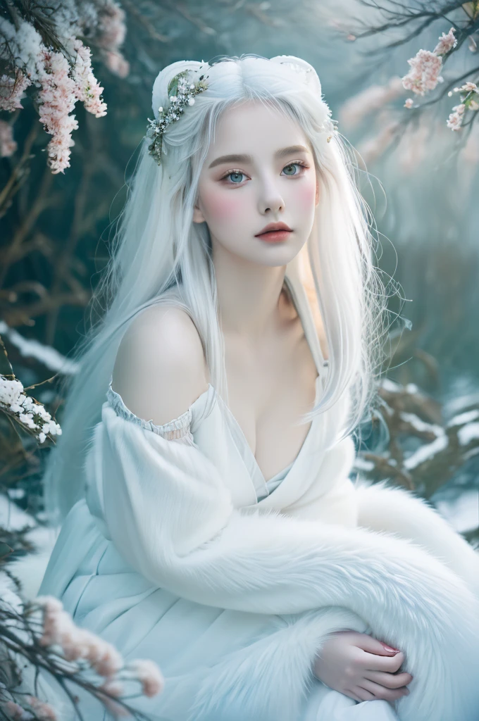 ( masterpiece, top quality, best quality,8k,17 years old girl,ultra detailed,raw photo:1.5),(photorealistic:1.4),(cinematic lighting), PerfectNwsjMajic, , Surrealism, UHD, ccurate, Super detail, textured skin, High detail, Best quality, dynamic angle, (high nose,White skin),[Beautiful blue eyes],[flat chest:large breasts:0.5],(1girl),(good anatomy:0.5)), Nine snow-white fox tails (1.0), Milky white fox tail (1.0), Close-up of nine-tailed fox, Nine tails, Nine tails，There are flowers on the hair, Very beautiful fox girl, Beautiful anime fox girl, Beautiful fantasy, guweiz, girl with fox ears, Very beautiful and charming fox girl, flower rain, The background  blurred, Dreamy atmosphere,mystical ambiance, Artistic interpretation,a whimsical illustration, Subtle colors and tones, mystical aura,white hair, vixen , hairstyle