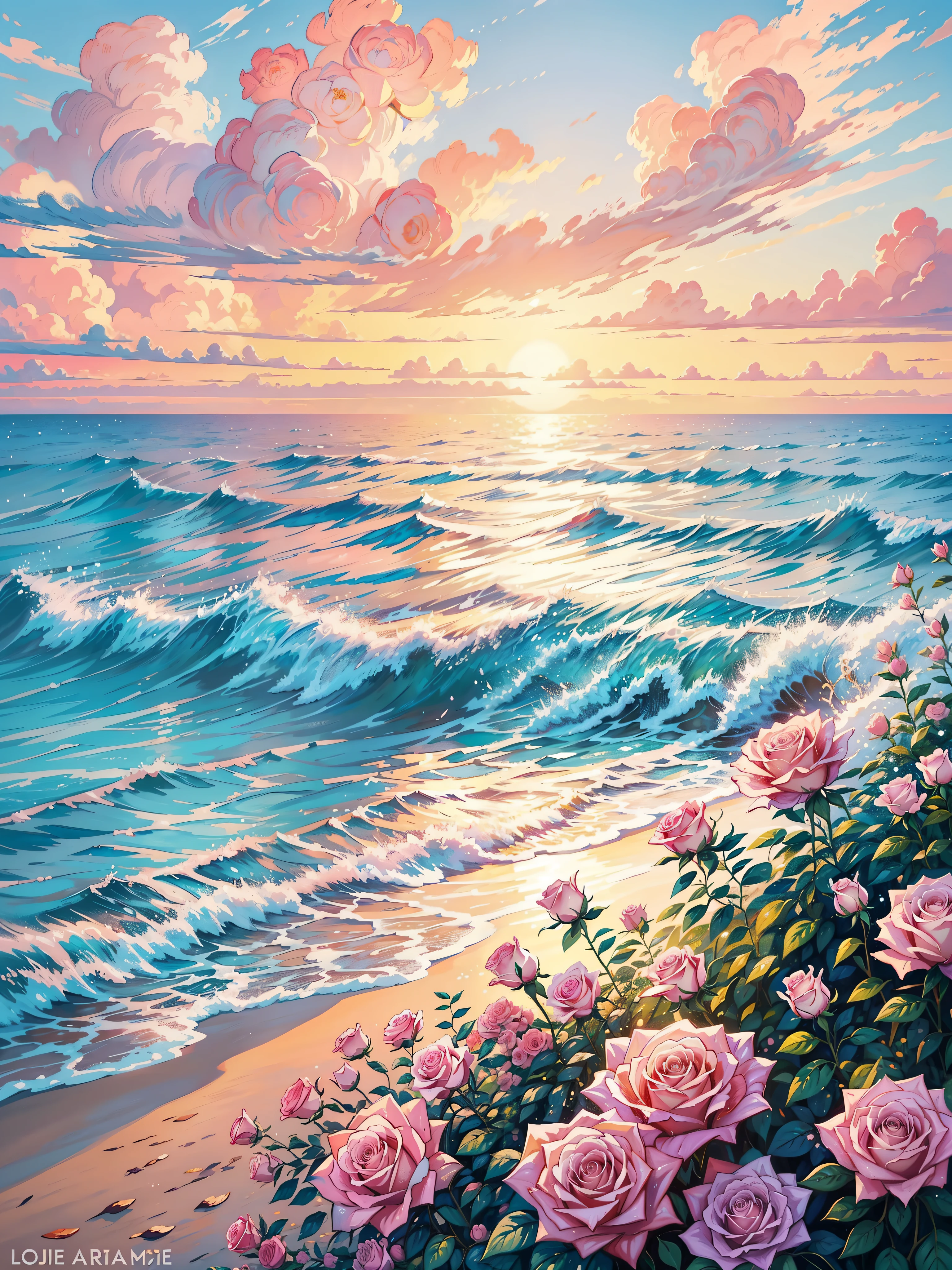 a painting of pink roses by the ocean, floral sunset, rose background, floral splash painting, pastel roses, roses background, by Jane Carpanini, by Jeka Kemp, inspired by Blanche Hoschedé Monet, by Juliette Wytsman, by Susy Pilgrim Waters, by Louisa Puller, gorgeous painting, a beautiful painting, by Joanna Carrington