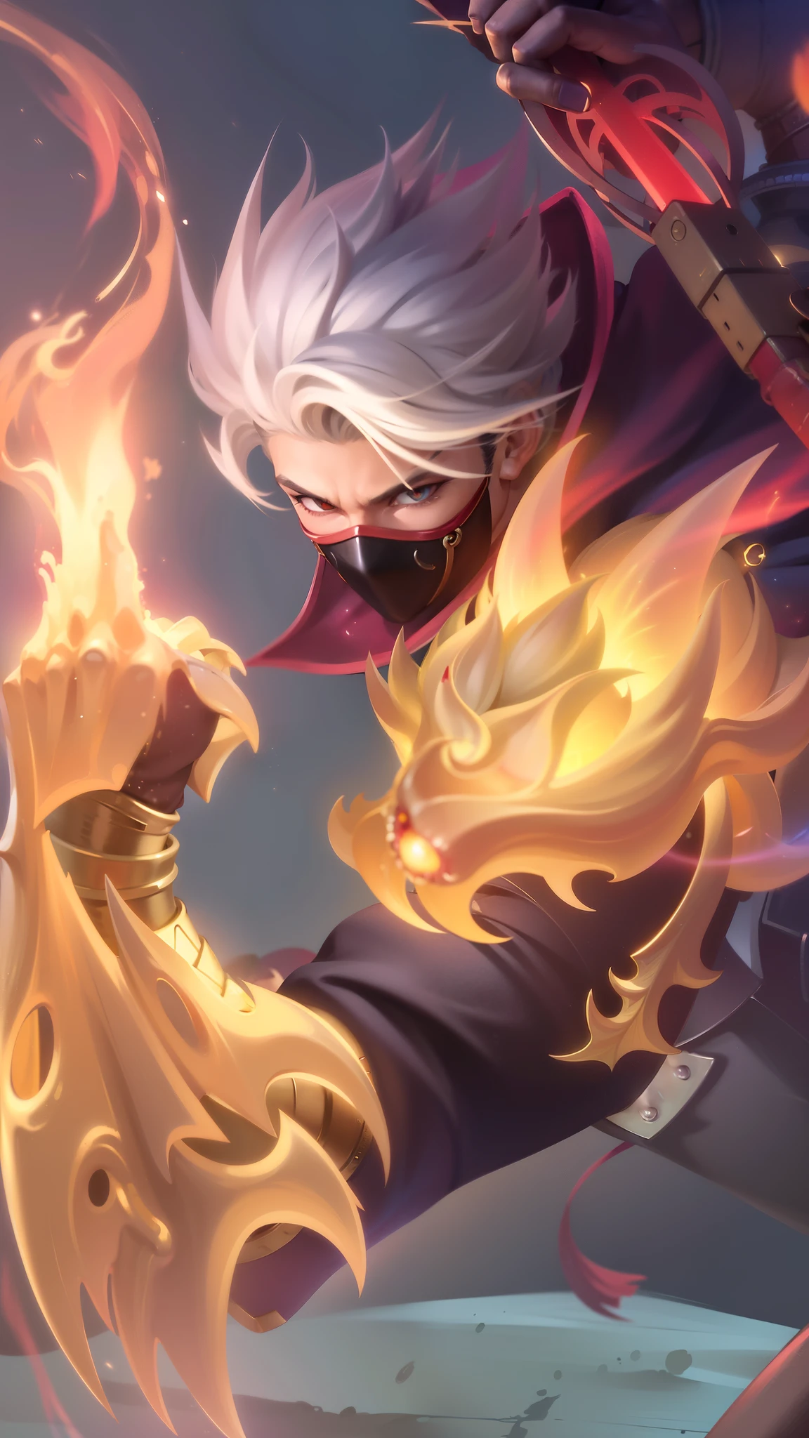 a close up of a boy holding a fire ball in their hand, boy with a steampunk mask on, holding a fire in a fire, velvet background, realistic suit, ezreal (league of legends, realism art, mobile legends, riot game, style league of legends, inspired by Li Shida, fighting game character, tracer, league of legends character, gold paladin, wukong, wild rift, glow particle, white hair color, realistic suit masterpiece, sword, realistic sword, realism masterpiece, natural lighting, strong realistic texture, red eye glow, lots hair
