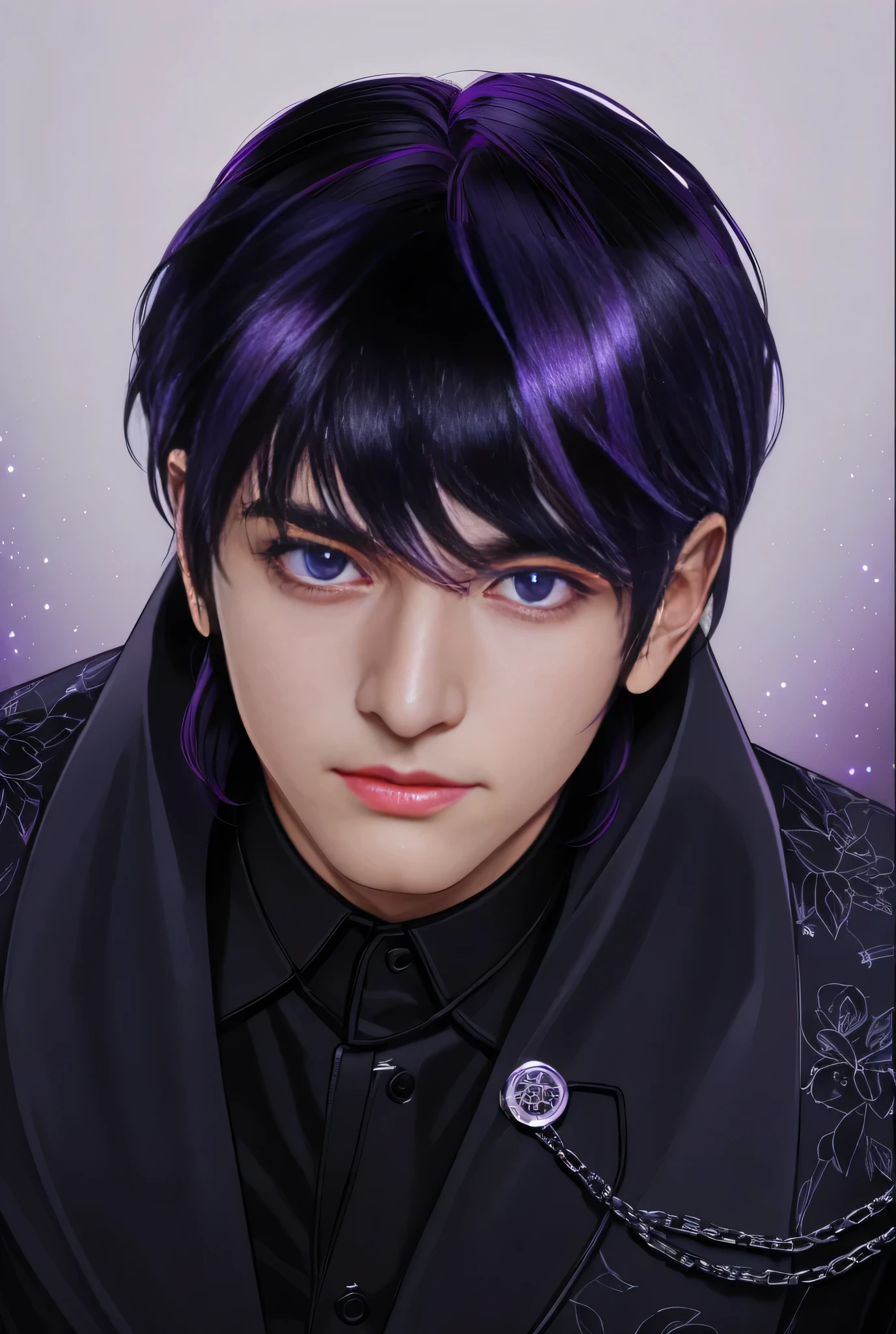 A 30 year old man with black shiny hair and light purple eyes, detailed eye and hand, 5 finger, shiny hair, big detailed eyes, detailed clothes